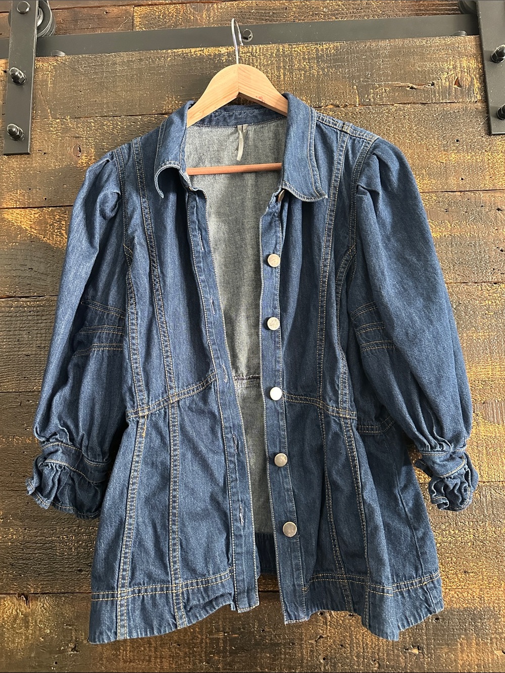 Anthropologie Blue Denim Button-Up Jacket with Gathered Sleeves